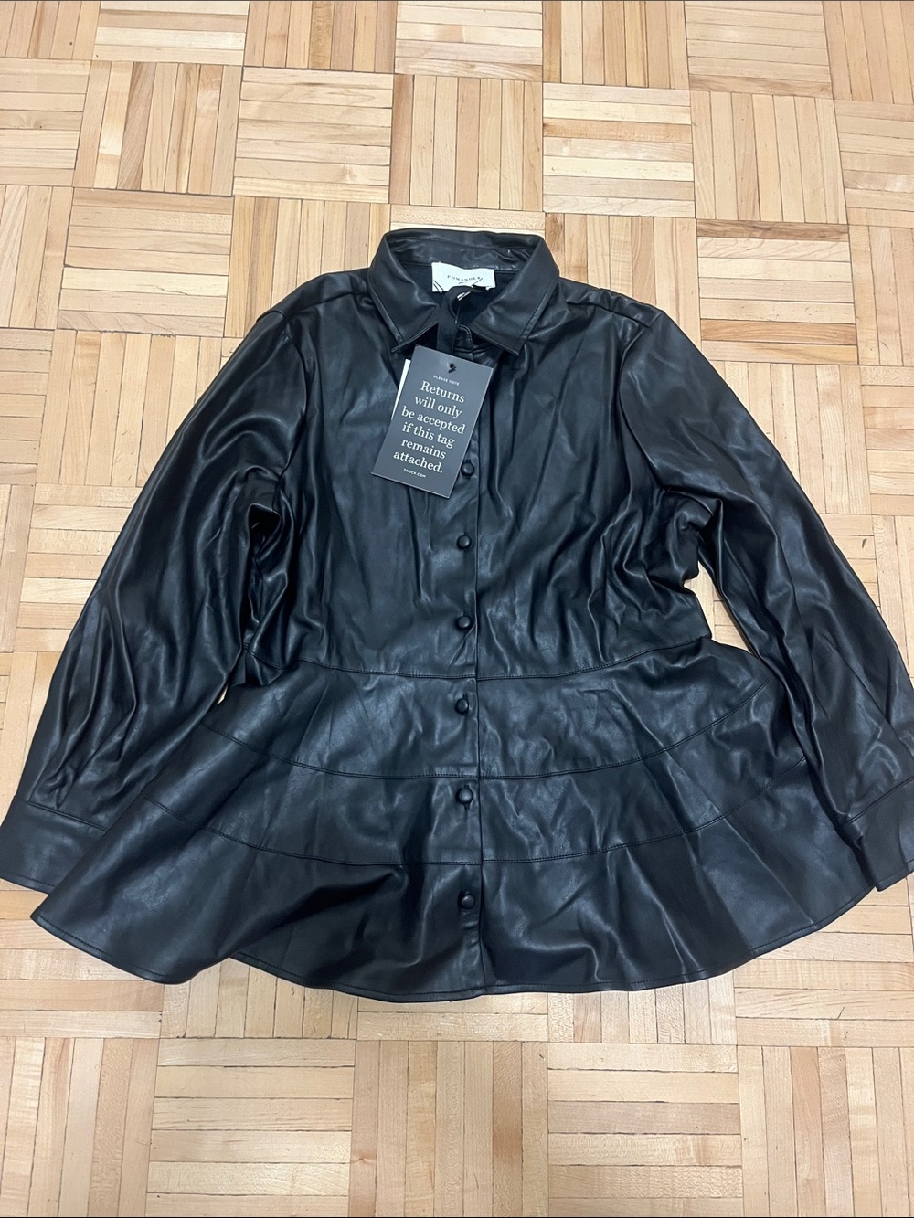 Pomander Place Black Leather Button-Front Peplum Jacket